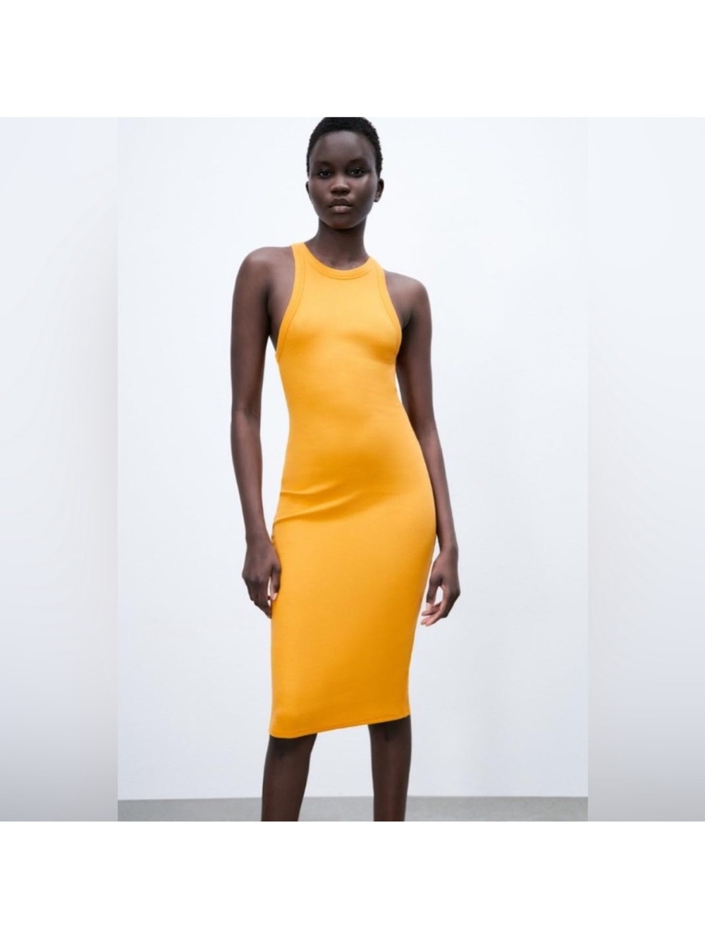 Zara Sleeveless Ribbed Midi Dress in Mustard Yellow